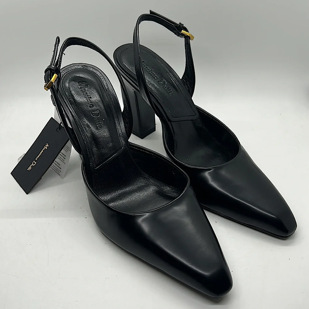 Massimo Dutti NWT Black Leather Pointed Toe Block Heels Sandals Shoes *Sz 5*🔥🔥 - Picture 1 of 7